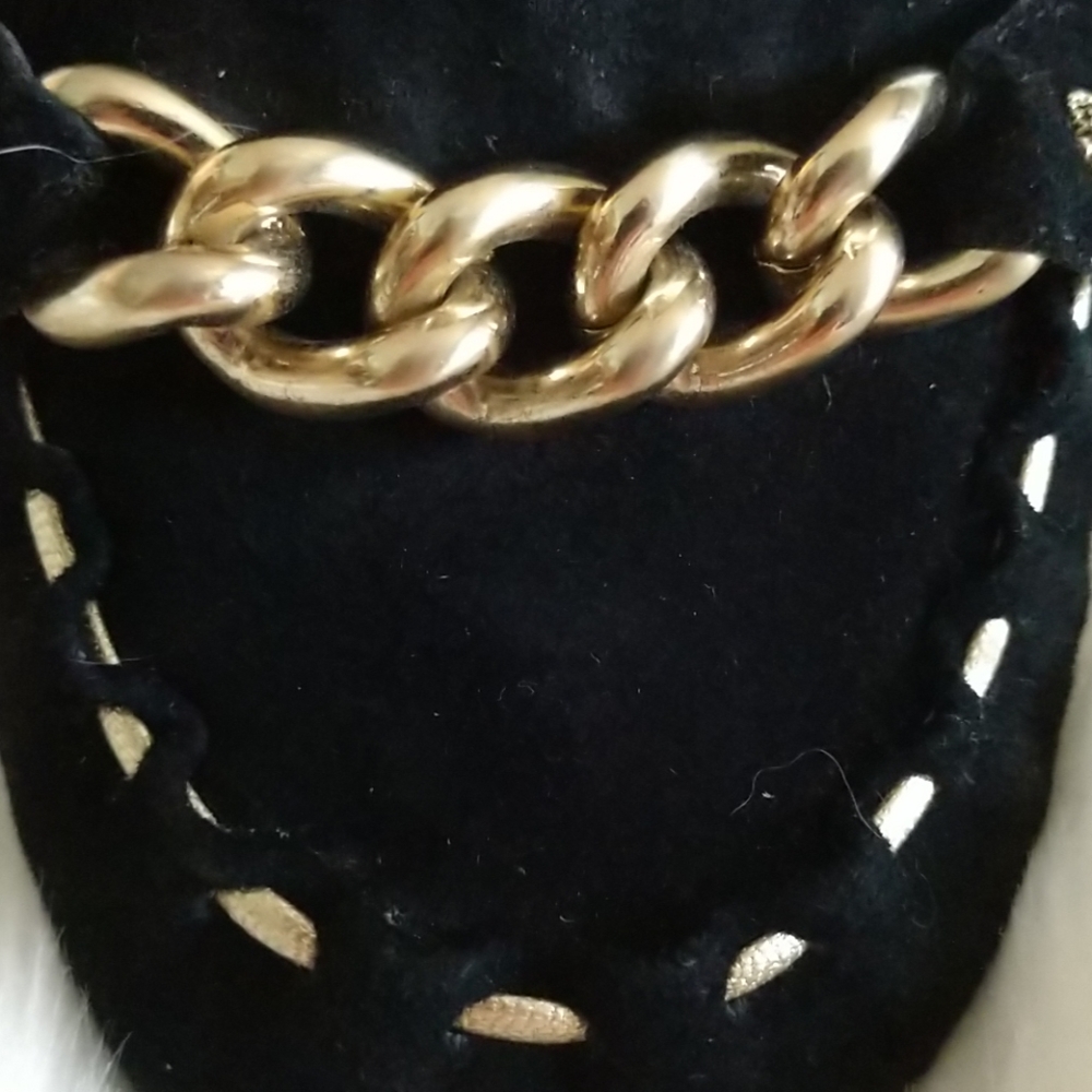 #7 COMING Juicy Couture BLACK SUEDE GoldChainEmbellished Moccasins NWOT